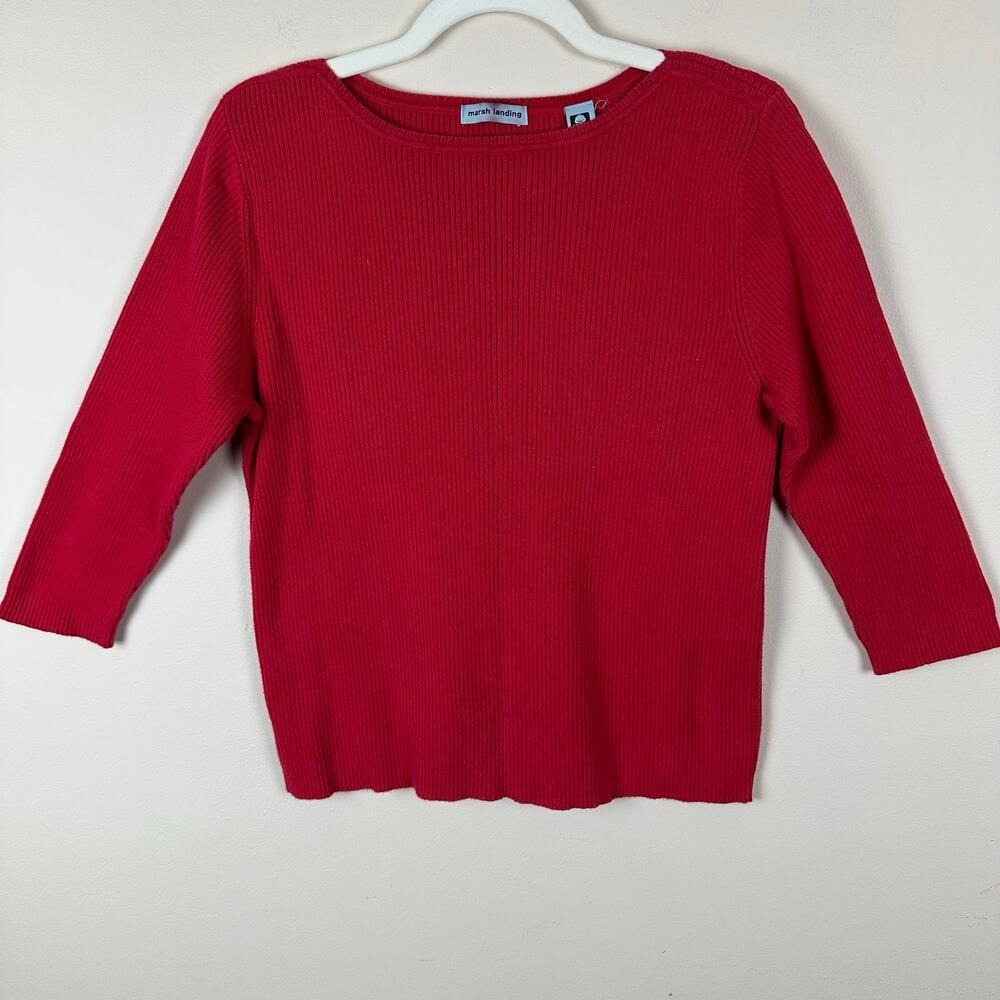 Marsh Landing Red Knit Sweater Size M Cotton 3/4 Sleeve Old Money Preppy Caree